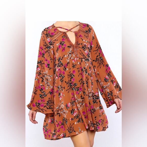 Umgee Fall Floral Long Bell Sleeve Tunic Dress Small - Picture 1 of 8